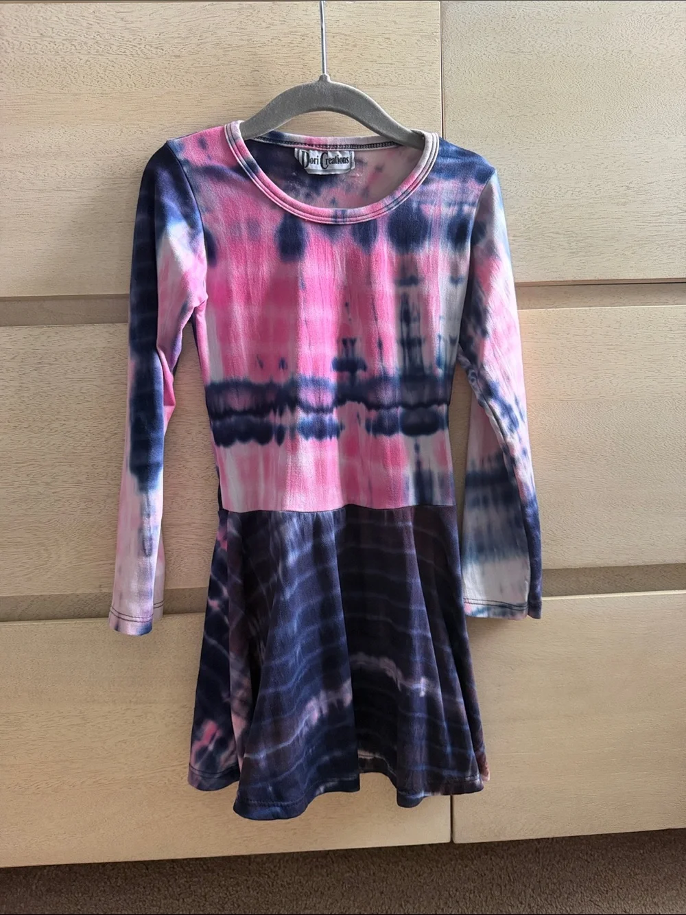 Tie-Dye Long Sleeve Kids Dress - Pink & Navy